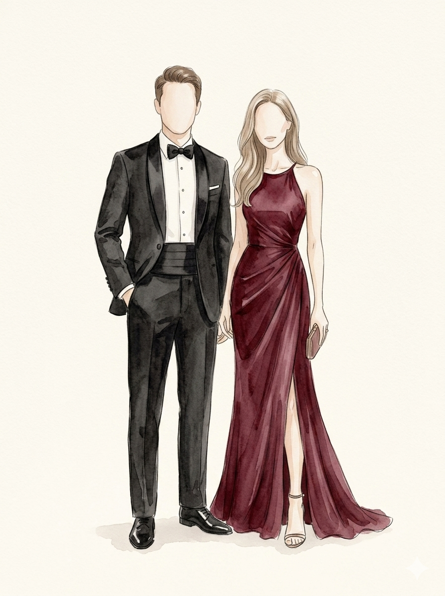 Ilustración de vestimenta formal · Caballero en smoking negro y dama en vestido de gala